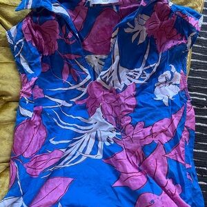 Mango Blue and Pink Ruffled Fitted Blouse with Sailor Collar